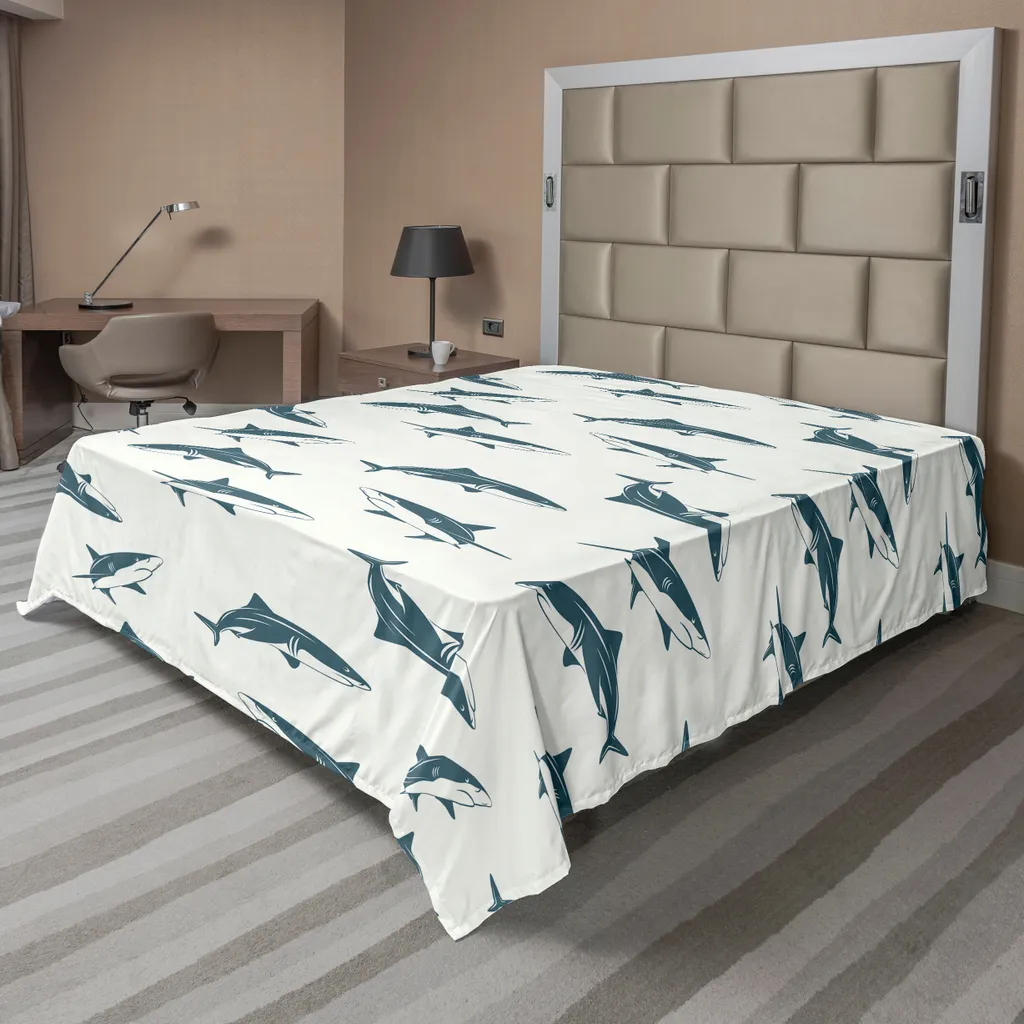 Drap plat en microfibre brossée motif requins 275x260 cm gris-bleu