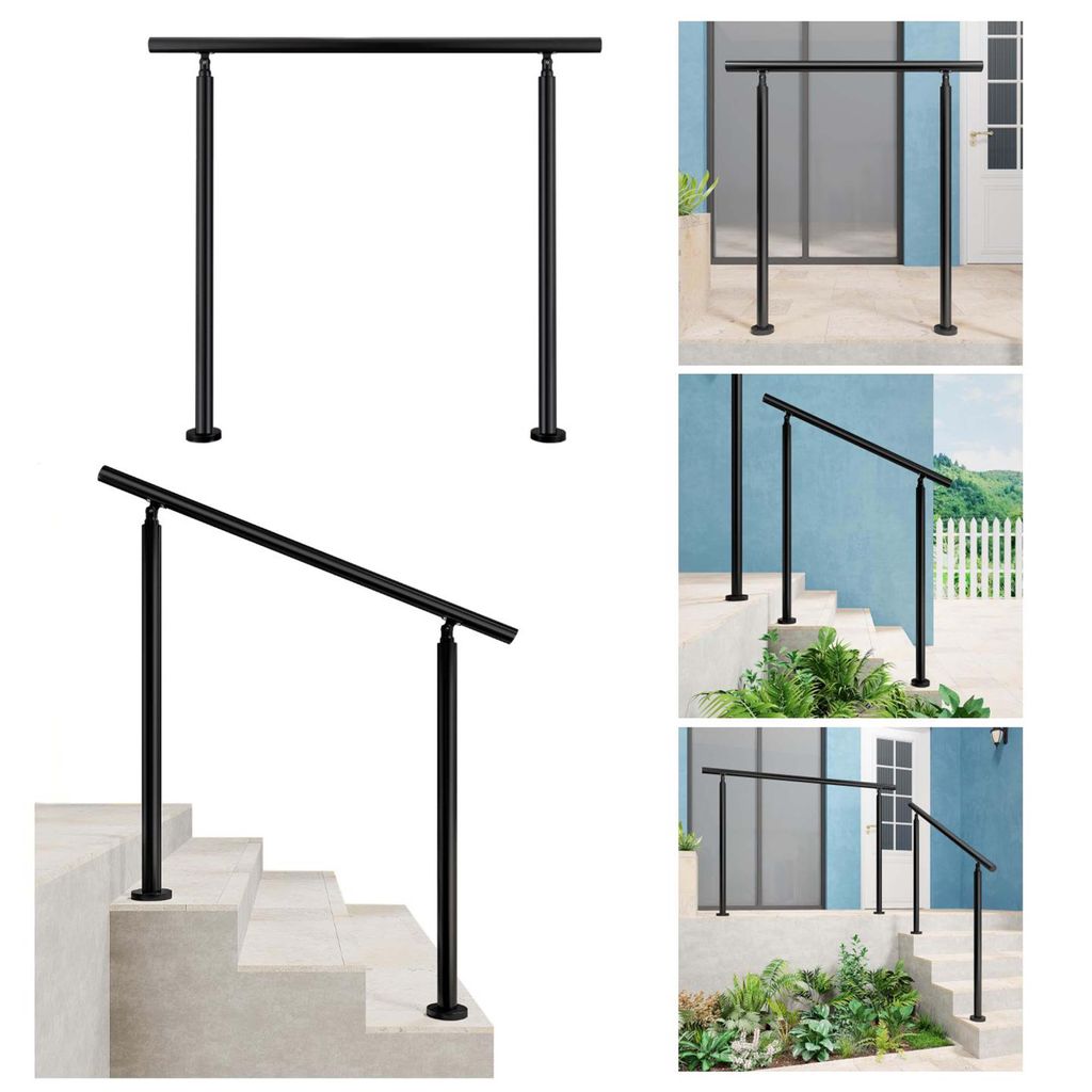 Collage of images showing black handrails for stairs in various settings, including a white background, a porch, and outdoor stairs.