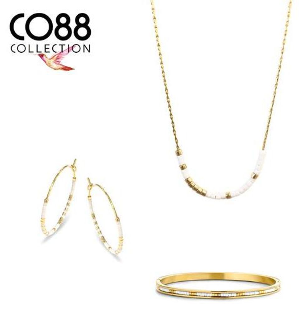CO88 Collection 8CO-SET085 Schmuck-Set aus Stahl – Kette mit Armband und Ohrringen – Weiße Miyuki-Perlen – 40 + 5 cm – 58 x 49 mm – 25 m...