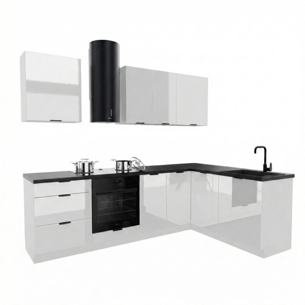 Küchenzeile - Küche L Form - 260x170 cm - Hochglanz weiß - MDF - mit schwarzer Arbeitsplatte - Soft-Close Funktion - DENIS