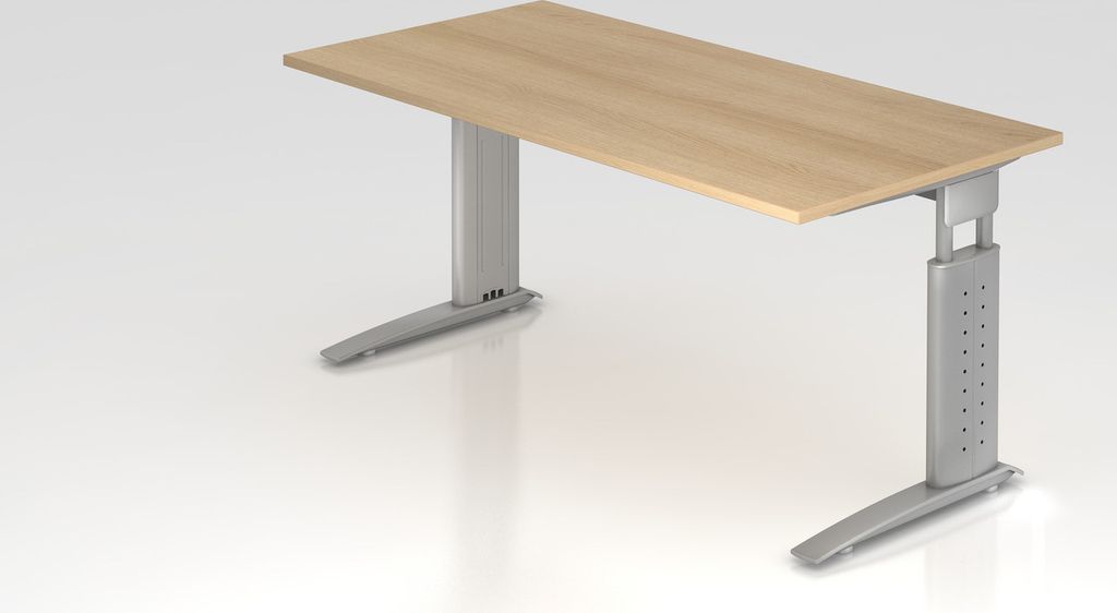 Schreibtisch Mauri | Eiche | Silber Gestell | BxT 160x80cm | Arbeitshöhe 68-86cm | höhenjustierbar, 2cm Raster | C-Fuß-Gestell | Rechteckform
