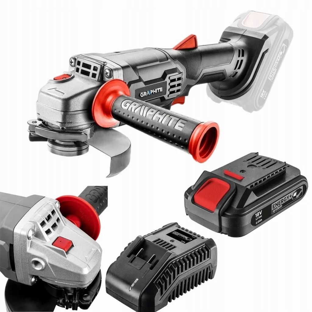A collage of an angle grinder, its battery, and a charger.