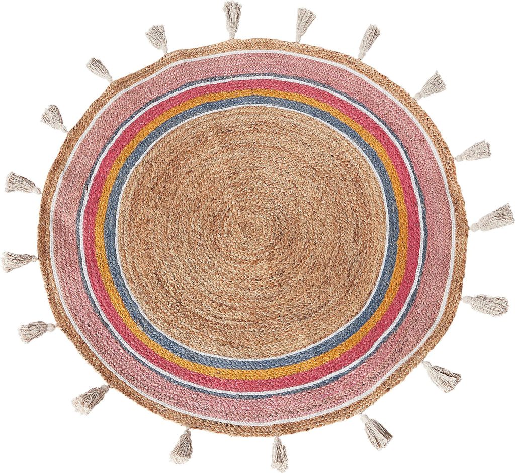 BELIANI Teppich Beige / Bunt Jute Rund 120 cm Kurzflor mit Kreisen Quasten Streifenmuster Handgewebt Boho für Fußbodenheizung Wohnzimmer Essz...