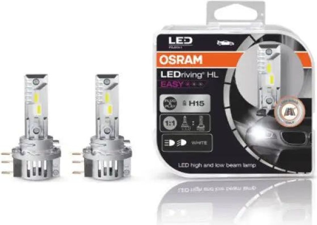 Product packaging and two LED bulbs for a car headlight.