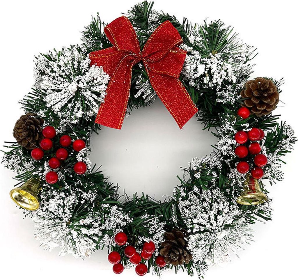 Weihnachtskranz fuer die Haustuer, 30,5 cm, kuenstlicher Winter-Kranz zum Aufhaengen an der Haustuer, Fensterkranz mit Tannenzapfen, Glocken, Beere...