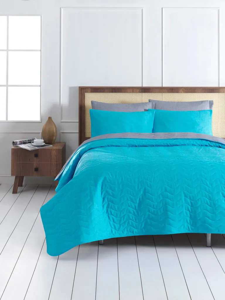 L'Essentiel Linge de Maison, MaxiColor - Turquoise, Grey, Set copriletto matrimoniale, 65 % COTONE / 35 % POLIESTERE, Turchese, 200 x 220 cm