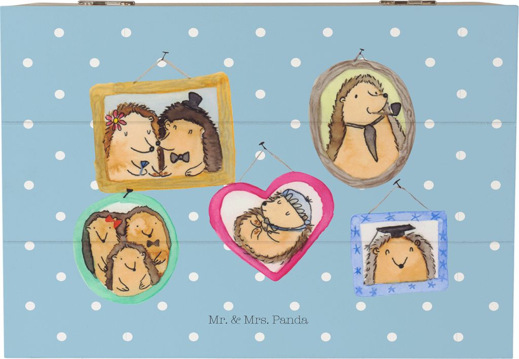 Mr. & Mrs. Panda Truhe Igel Familie 22 x 15 cm - Blau Pastell - Geschenk, Mama, holzschatulle, Schatulle, geschenkkiste, Bilder, Liebe, Muttertag, ...