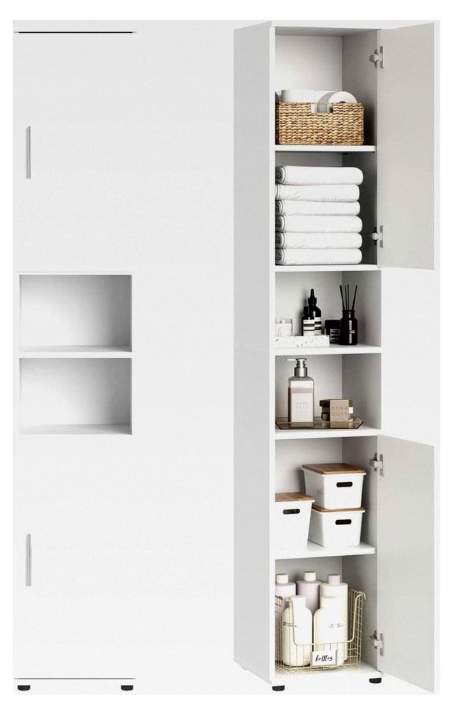Schmaler Badezimmerschrank - Hochschrank mit 6 Fächern, Aufbewahrung für Badezimmer, Keller und Hauswirtschaftsraum | 35x35x187 cm (BxTxH) | Weiß
