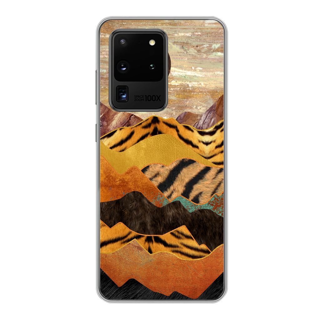 MuchoWow Handyhülle Schutzhülle Hülle für Samsung Galaxy S20 Ultra Tigerdruck - Marmor - Gold Silikon Softcase Handy Hülle - Karteninhaber