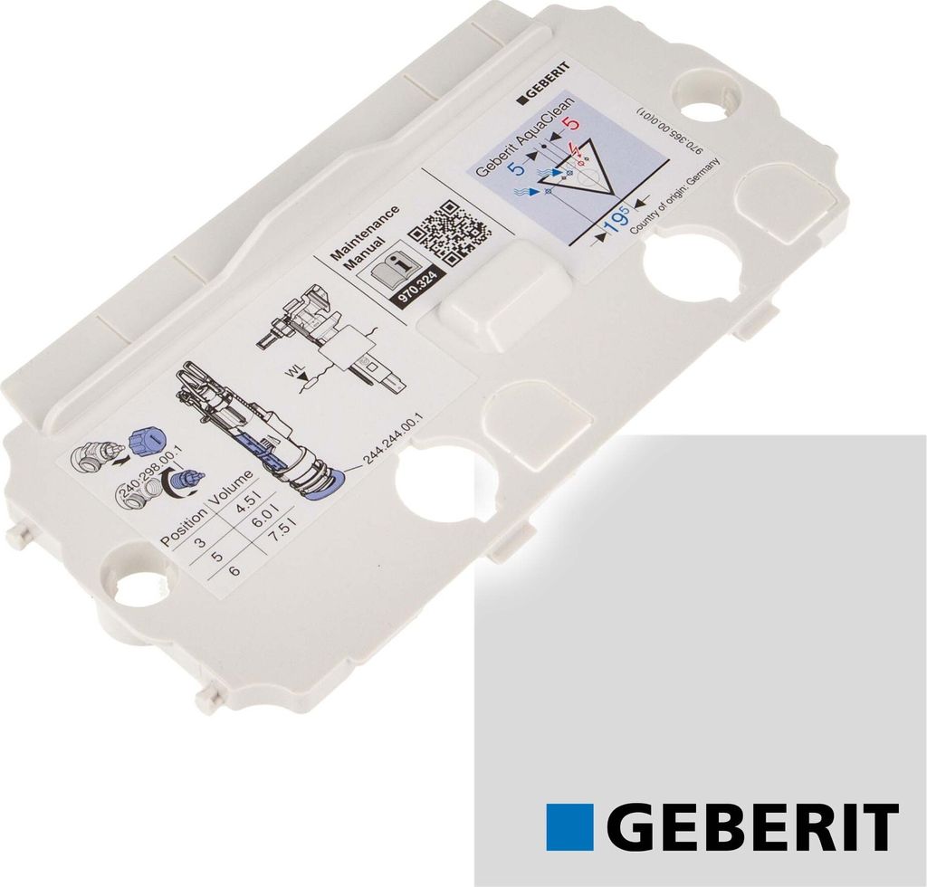 A white plastic plate with diagrams and text, likely a component or cover for a toilet cistern.