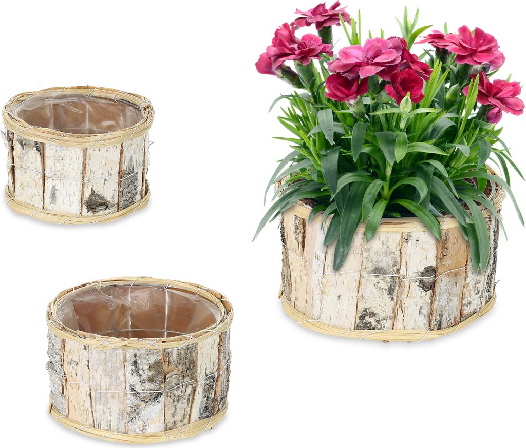 relaxdays Runder Blumentopf Birke 3er Set