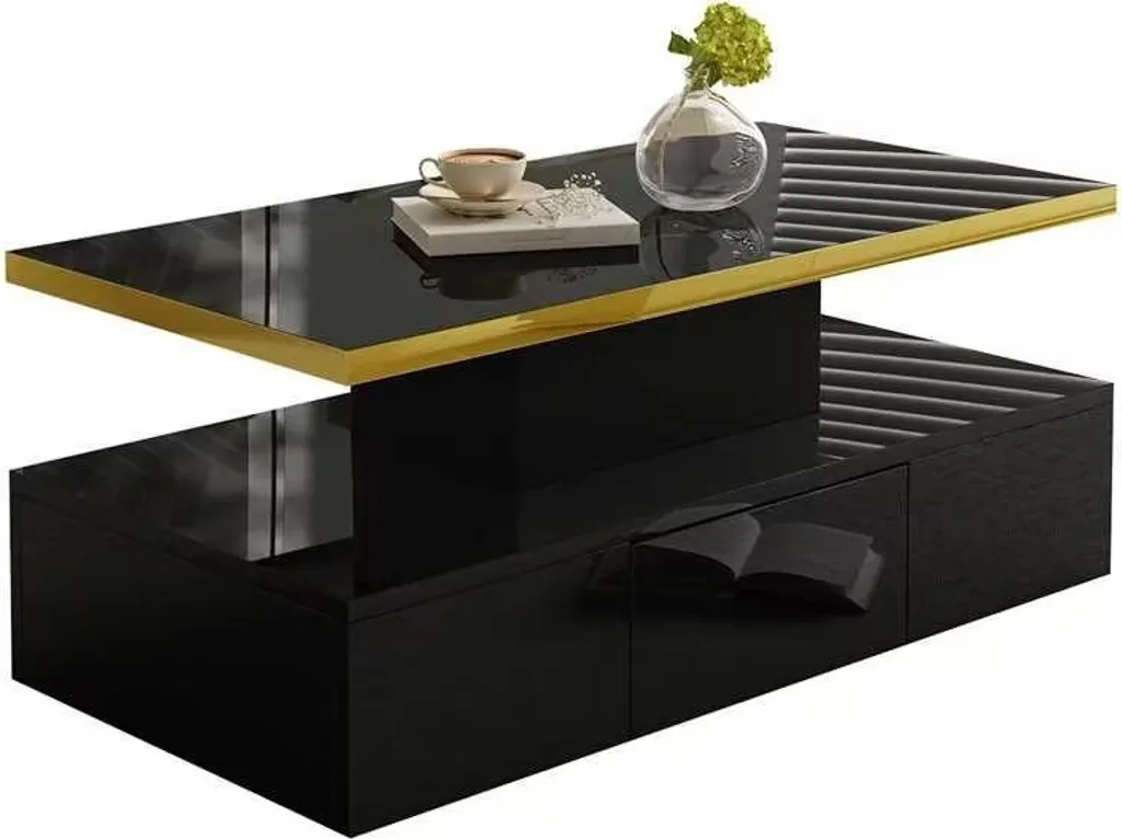 Table Basse Laquée Noire avec LED Intégrées et 2 Grands Tiroirs de Luxe - 10