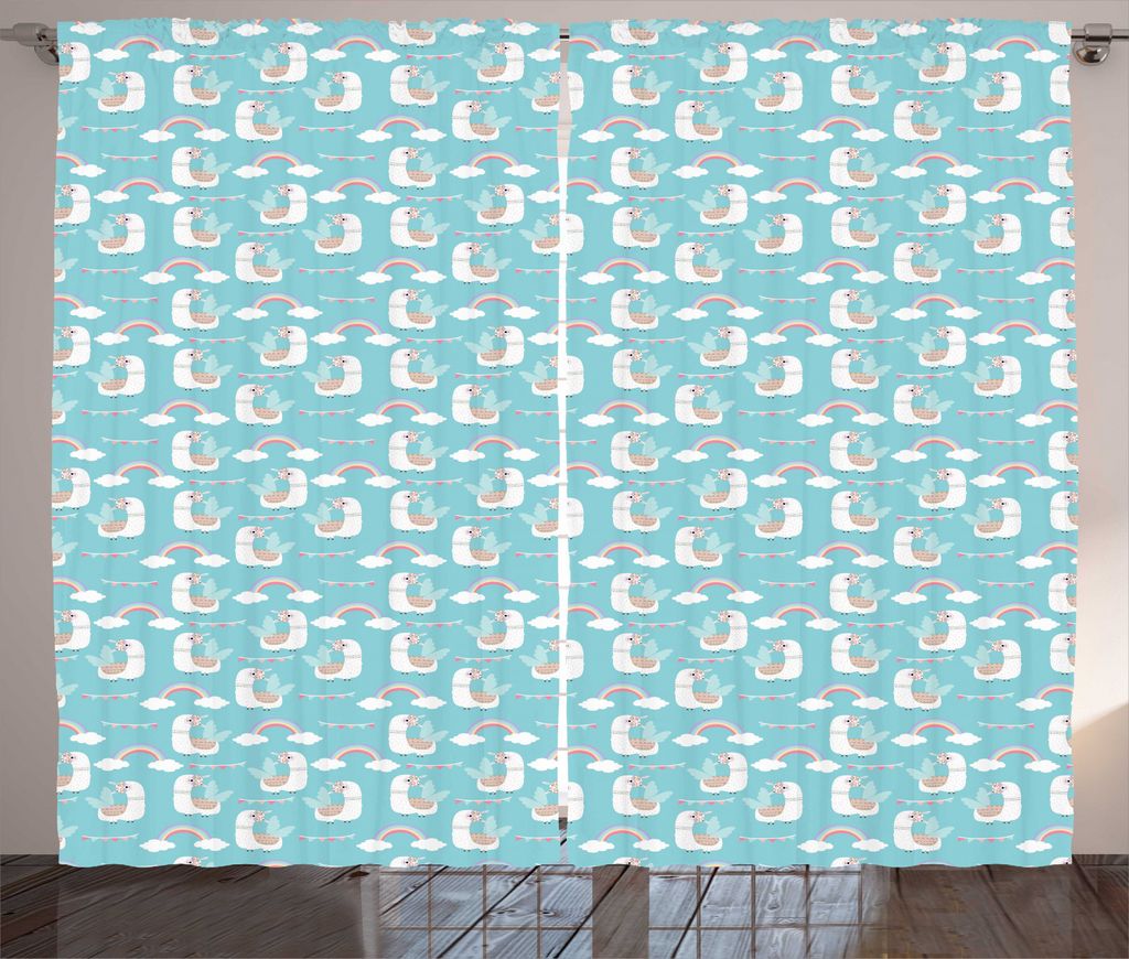 ABAKUHAUS Lama Rustikaler Vorhang, Tier mit Flügeln Rainbows, Wohnzimmer Universalband Gardinen mit Schlaufen und Haken, 280 x 225 cm, Seafoam Mul...