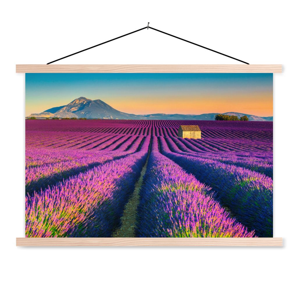 MuchoWow Textilposter Lavendel - Berg - Blumen 120x80 cm mit holzfarbenen Rahmen - Aufhängeset