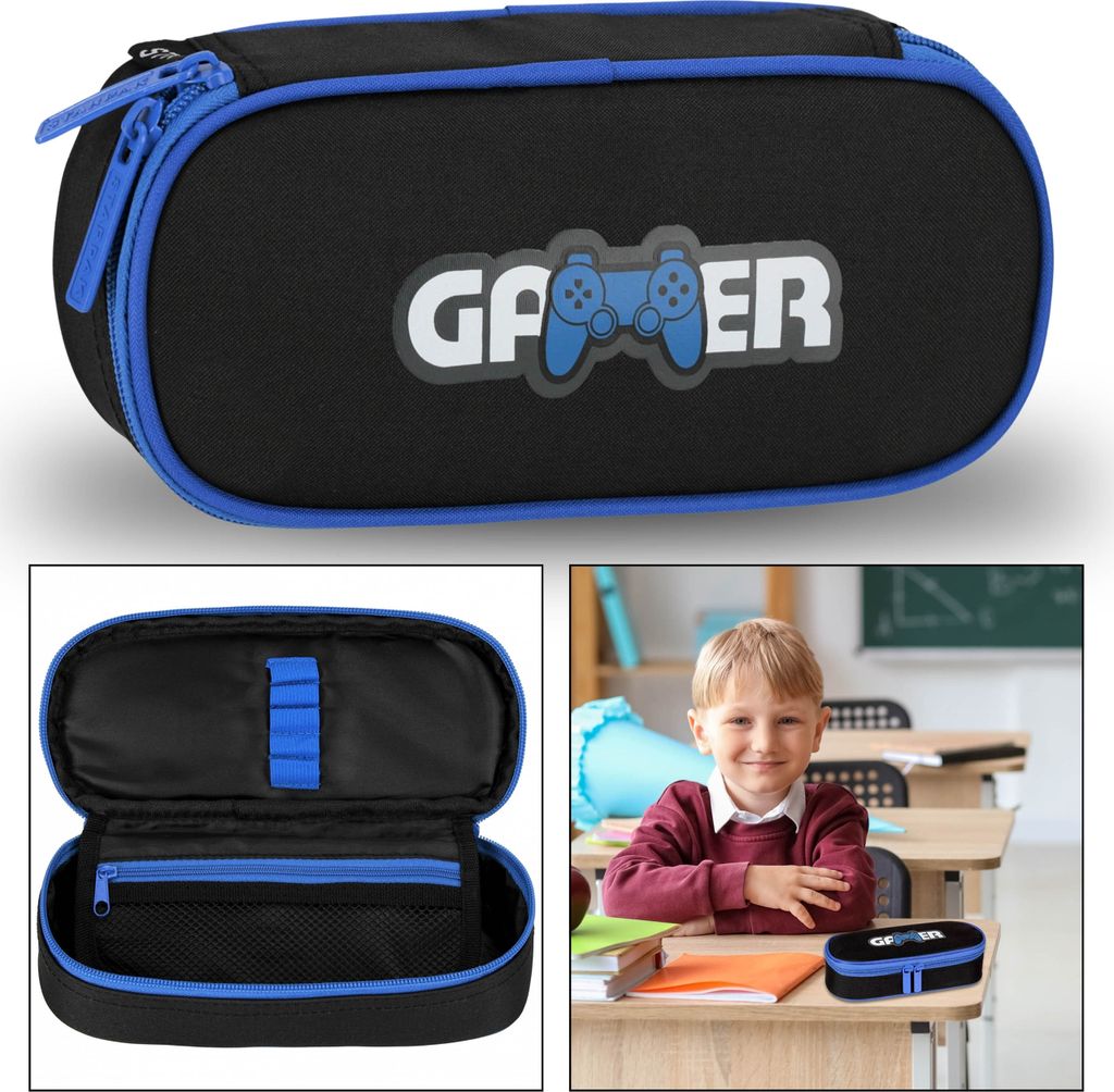 Schwarz-blaues Gaming Schulmäppchen, Gaming Federmäppchen für Jungen, Gamingpad 5x22x10cm