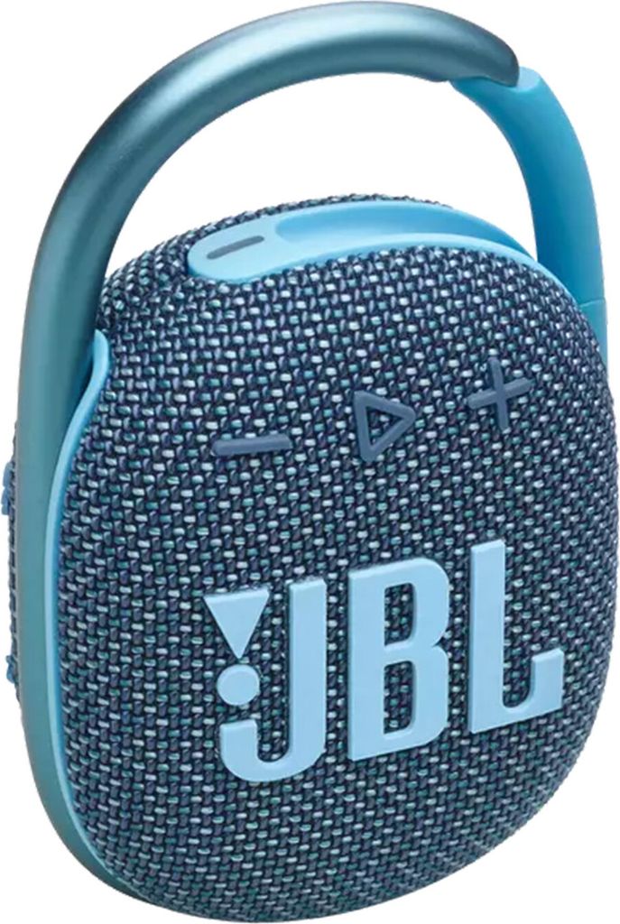A blue JBL Clip 4 Eco portable Bluetooth speaker with a carabiner clip.