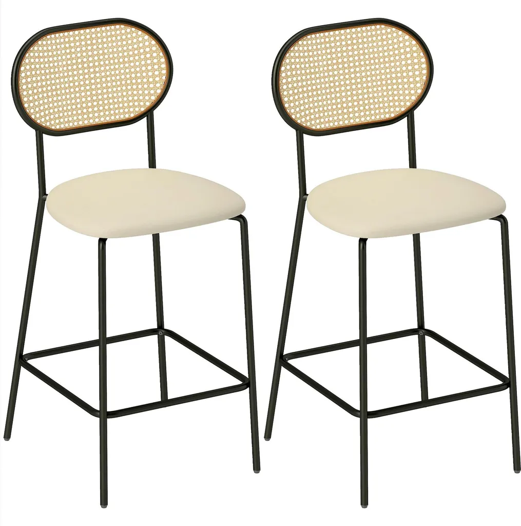 Lot de 2 tabourets de bar cuisine beige en rotin et assise PU confortable