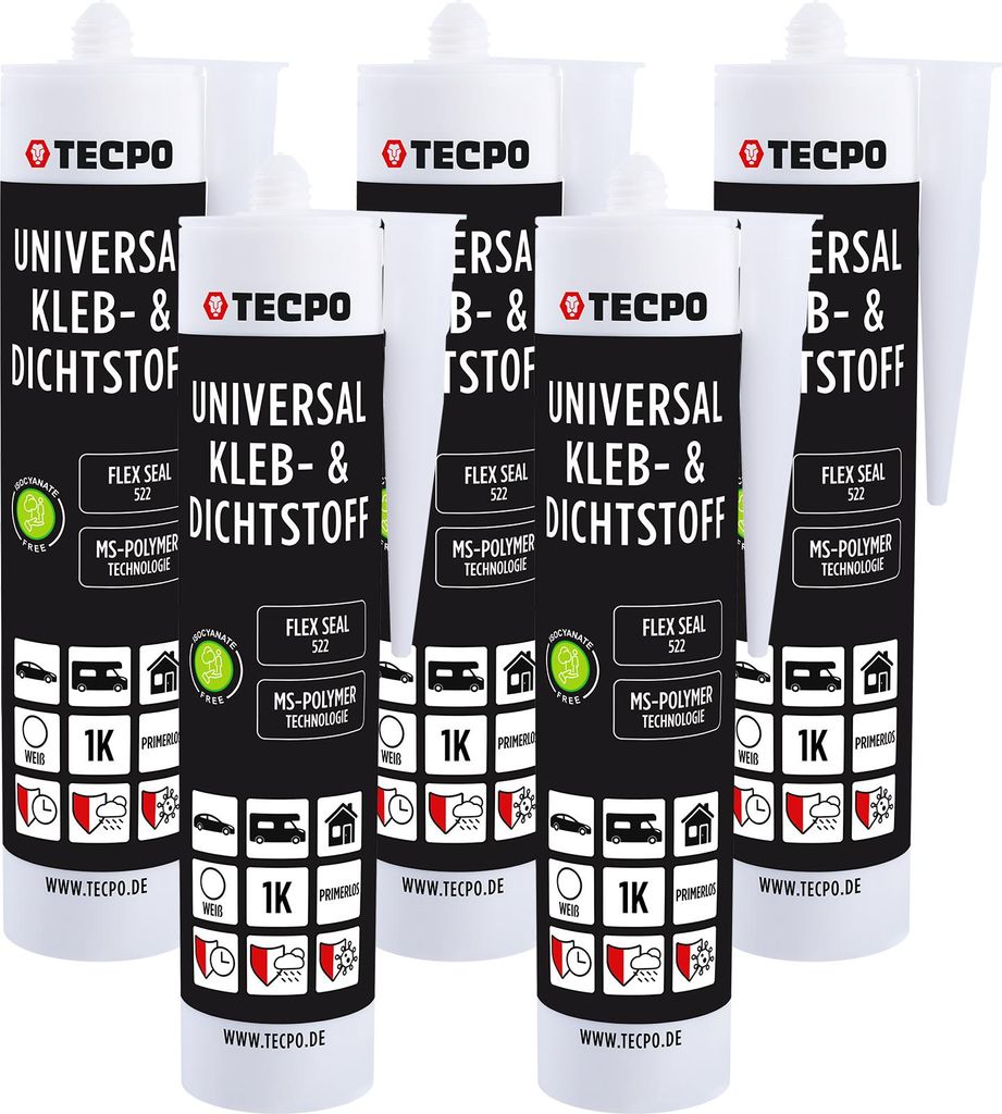 TECPO Universal Kleb- und Dichtstoff MS Polymer, 5x 480g Weiß Flex Seal 522 elastisch, silikonfrei, lösemittelfrei- KFZ Bau Industrie Innen und A...