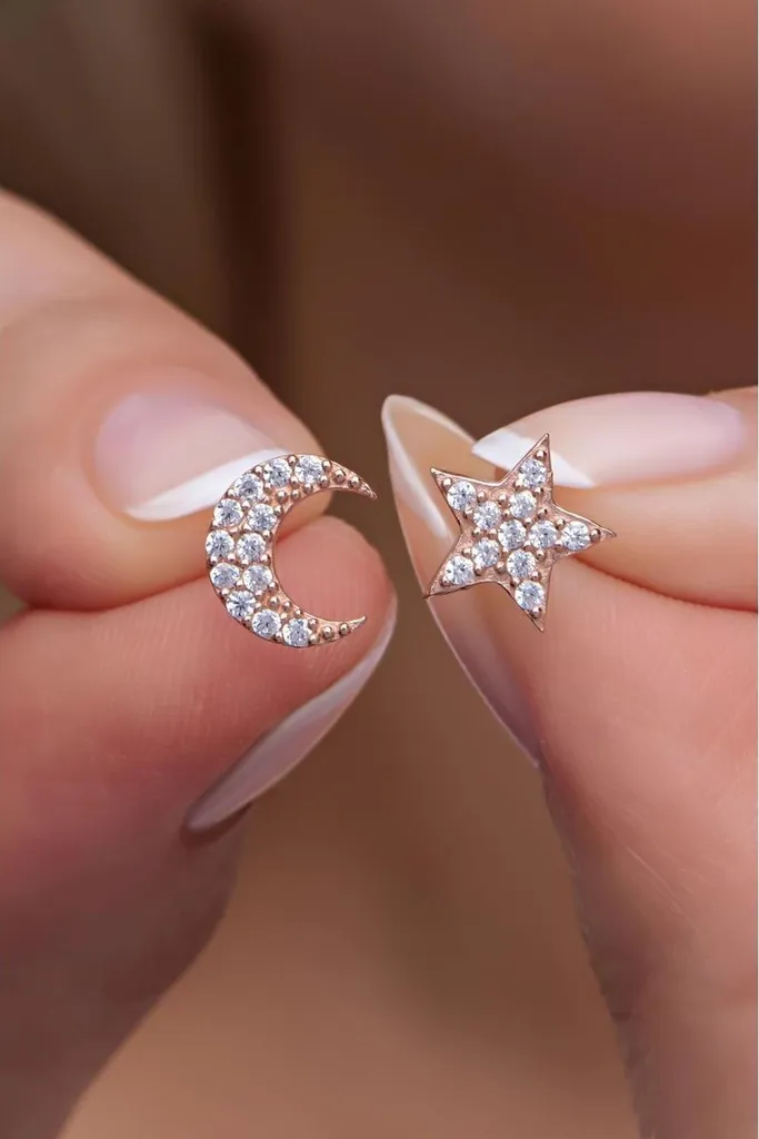 Cadeau idéal : Boucles d'oreilles lune étoile argent 925 et zircones