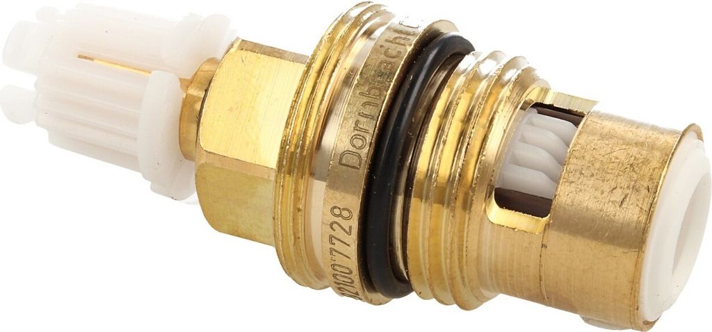 A close-up studio shot of a plumbing valve cartridge.