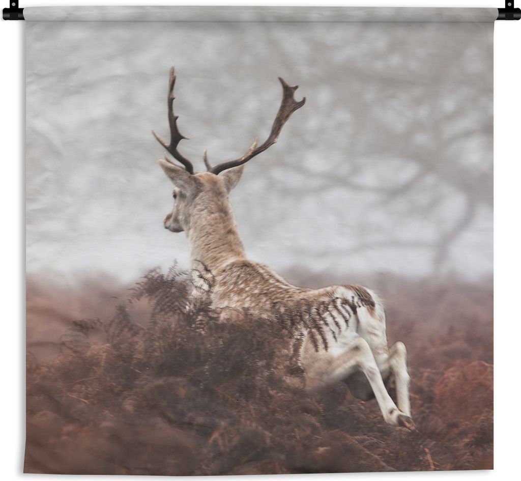 MuchoWow Wandteppich Wandbehang Hirsche - Nebel - Pflanzen 150x150 cm Tapisserie Dekoration Wandtuch - Wohnaccessoires - Modernes