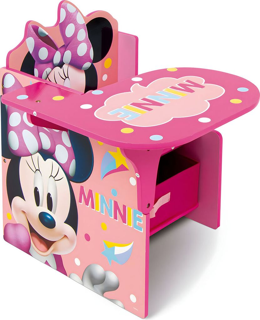 A pink Minnie Mouse themed desk and chair for children.