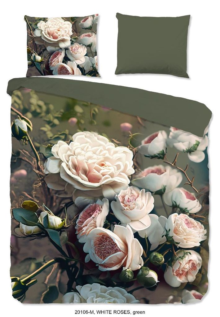 Pure Dekbedovertrek Micropercal White Roses - green Productafbeelding 