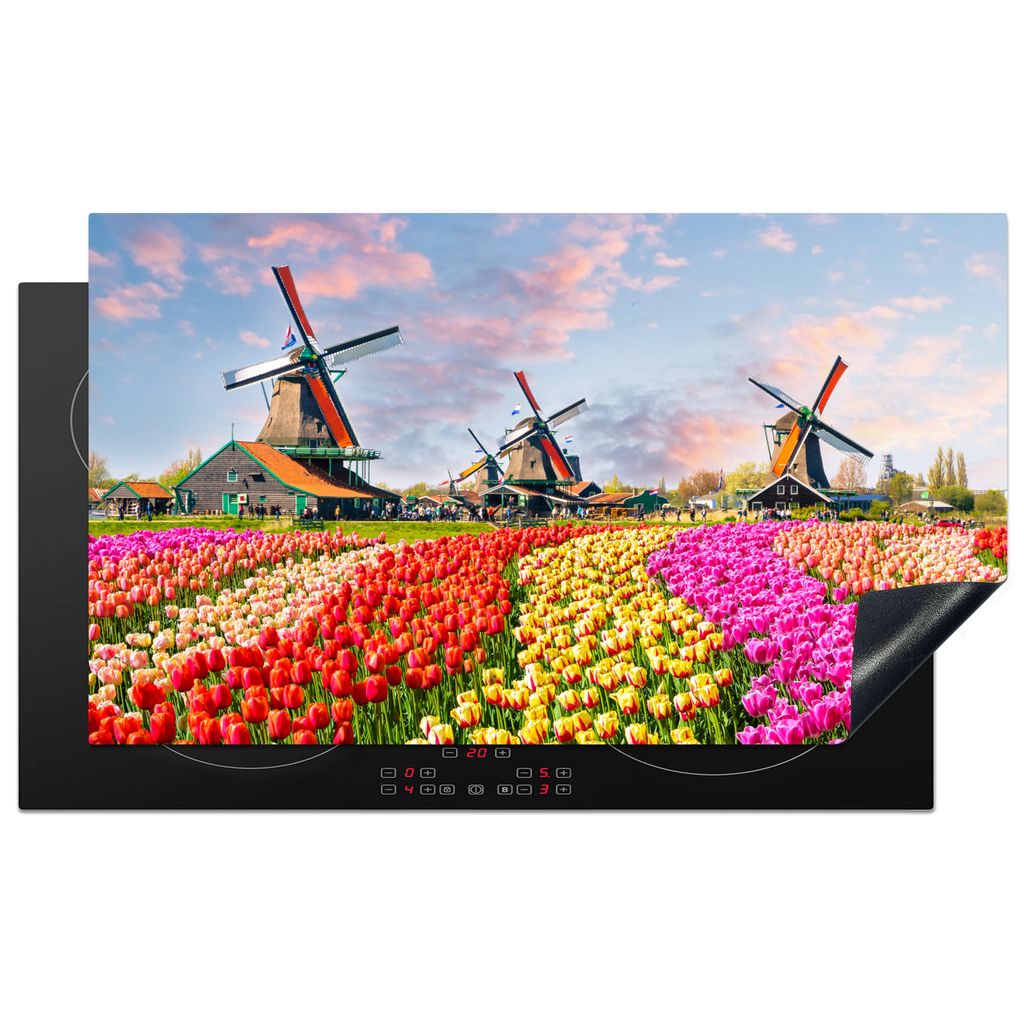 KitchenYeah Herdabdeckplatte Mühle - Tulpen - Blumen - Regenbogen - Niederländisch , 91x52cm, Küche Deko, Glaskeramikkochfeld Herdabdeckung, A...