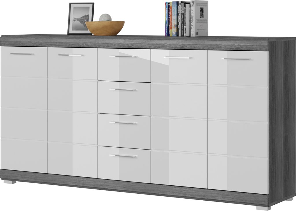 Sideboard "Shawn" weiß Hochglanz und Rauchsilber grau Kommode 165 x 85 cm