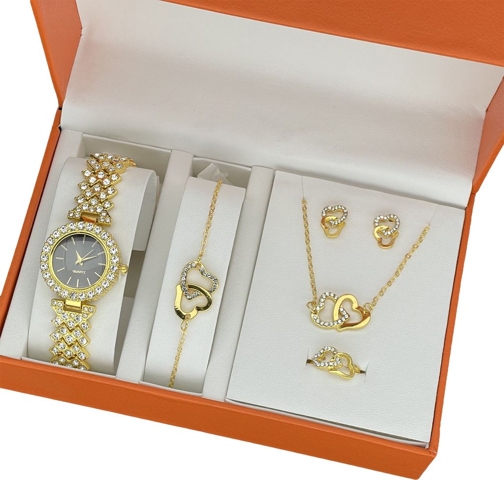 1 Set Damen-Schmuckset mit Geschenkbox, komplette Kollektion aus Quarzuhr, Halskette, Armband, Ring, Ohrringen, Strass, goldenem Schmuck