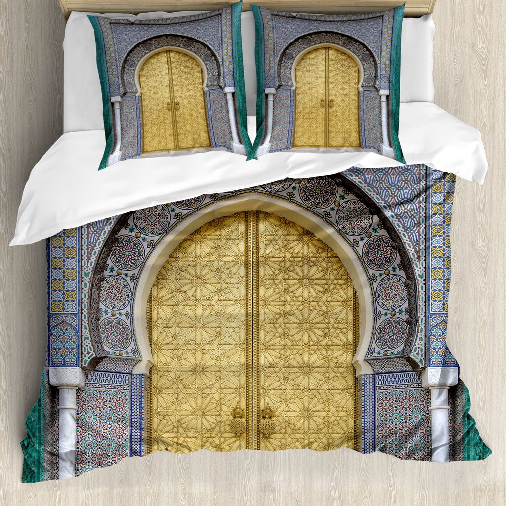 ABAKUHAUS marokkanisch Bettbezug, Antike Türen, Milbensicher Allergiker geeignet mit Kissenbezügen, 200 cm x 200 cm - 80 x 80 cm, Gelb Teal Blau
