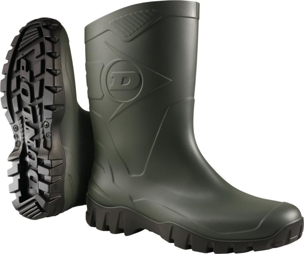 A pair of green Dunlop wellington boots shown from the side and sole view.