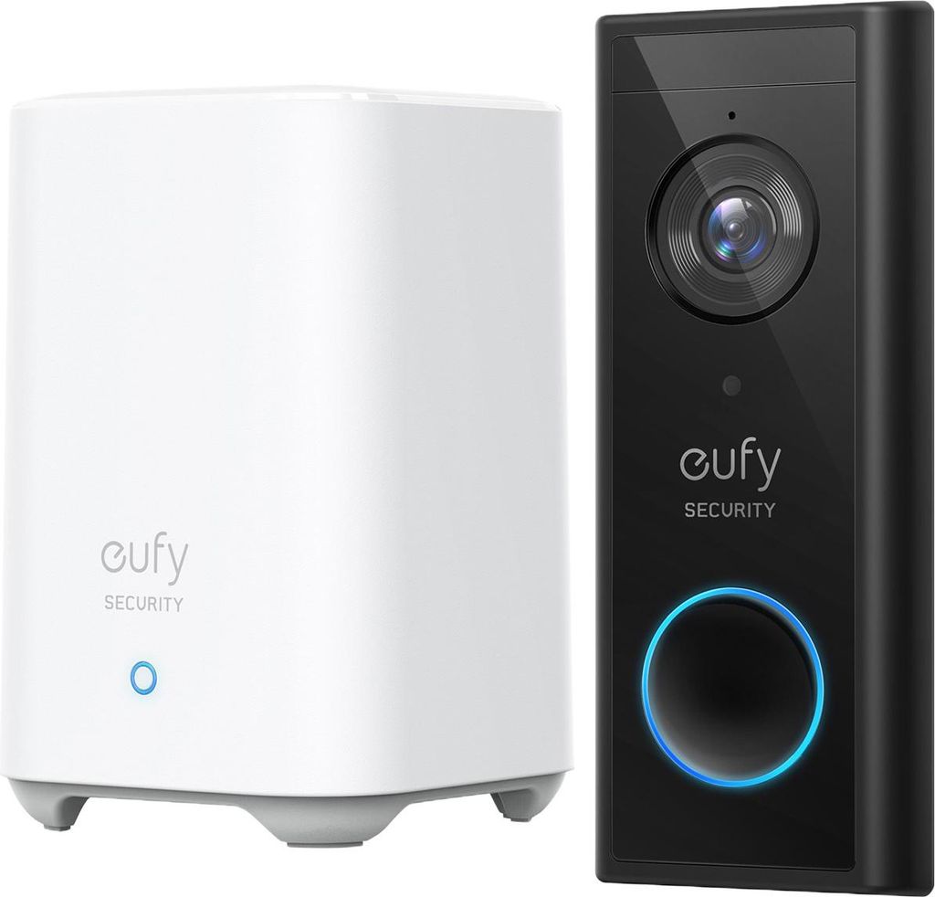 A white home base station and a black video doorbell are shown side-by-side against a white background.
