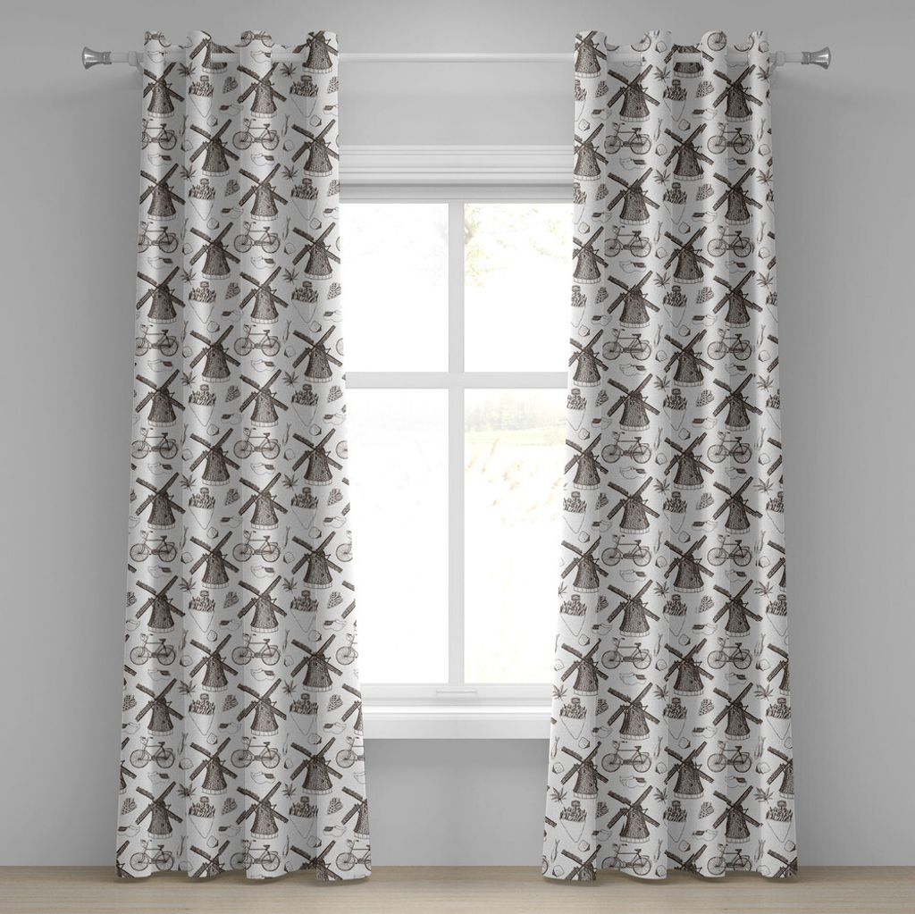 ABAKUHAUS Niederländisch Ösenvorhang, Traditionelle niederländische Symbol-Illustration mit Hand gezeichneten Windmühlen-Tulpen, Dekorative 2-P...