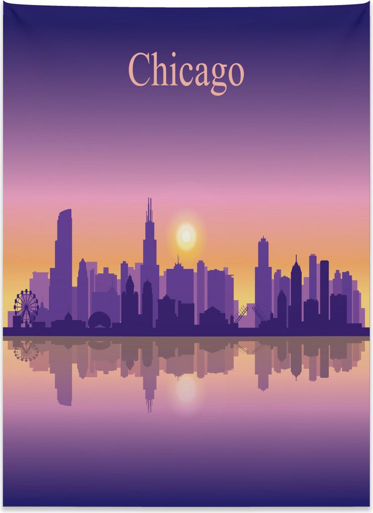 Abakuhaus Chicago Skyline Wandteppich, Illinois-Sonnenuntergang aus Weiches Mikrofaser Stoff Kein Verblassen Klare Farben Waschbar, 110 x 150 cm, A...