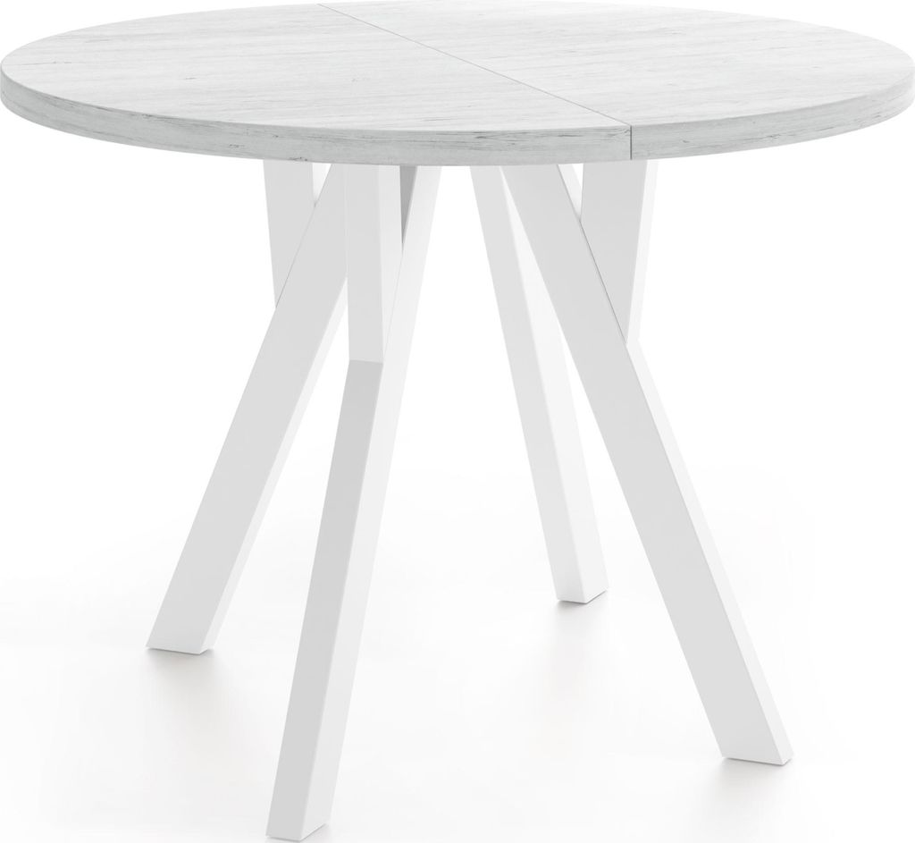 Runder Ausziehbarer Esstisch im Loft-Stil – Industrieller Tisch mit Weißen Holzbeinen – Platzsparender Esstisch für Wohnzimmer – Kiefer Wei...