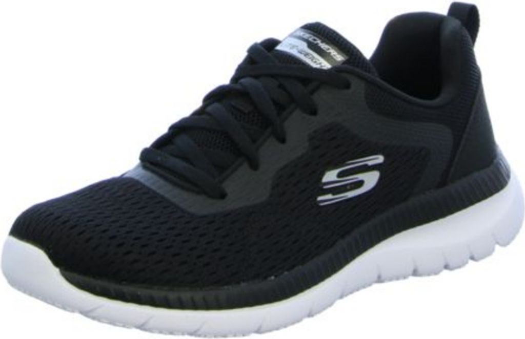 A black Skechers training shoe with a white sole is shown against a white background.