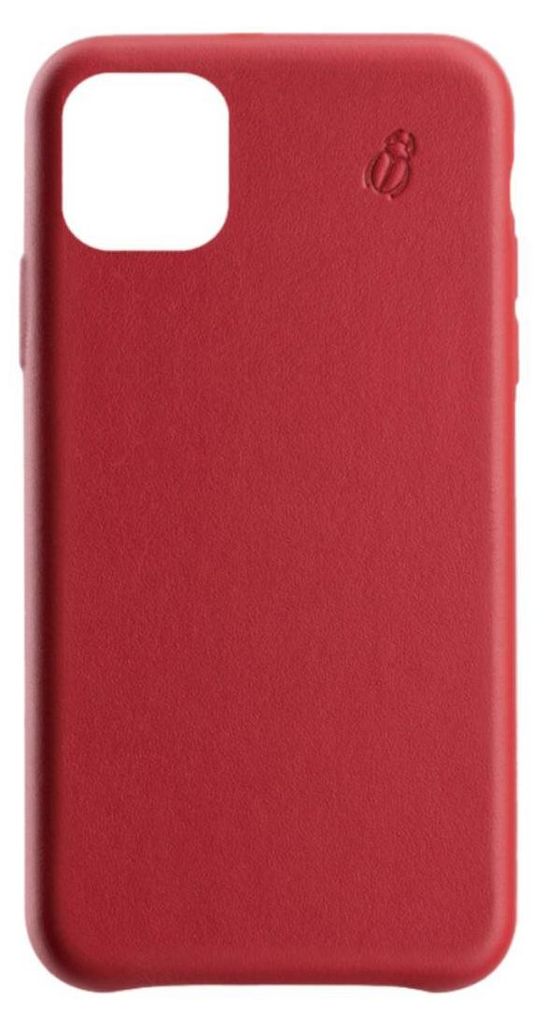 A red iPhone case with a small beetle logo.