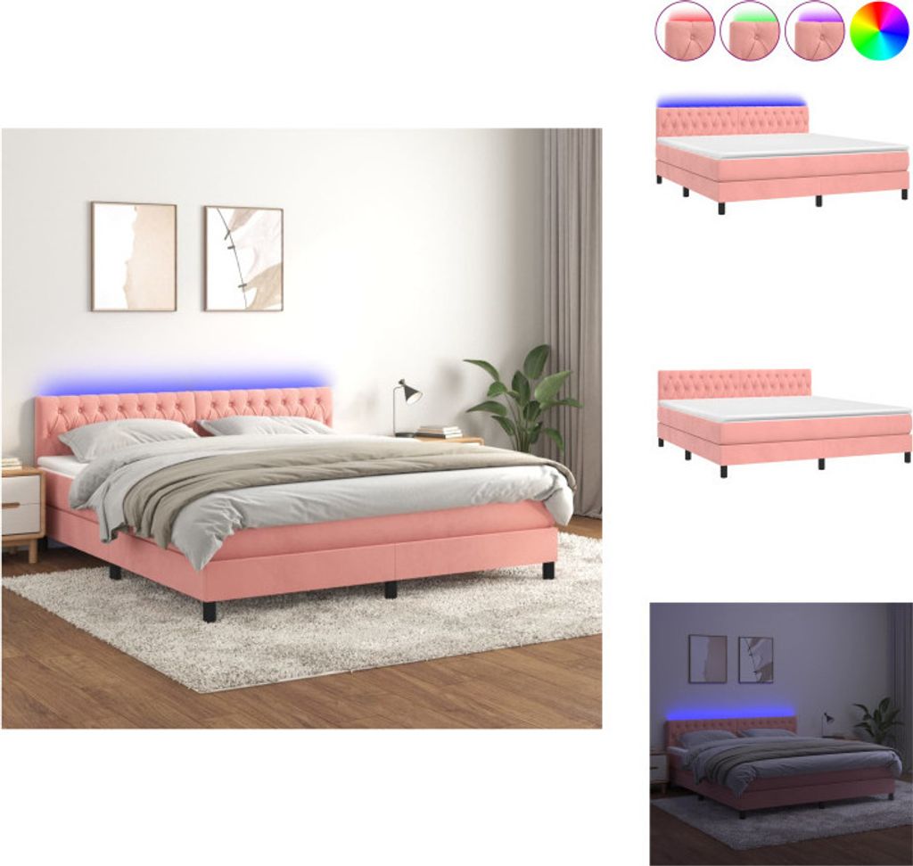 vidaXL Boxspringbett mit Matratze & LED Rosa 180x200 cm Samt - Betten & Bettgestelle