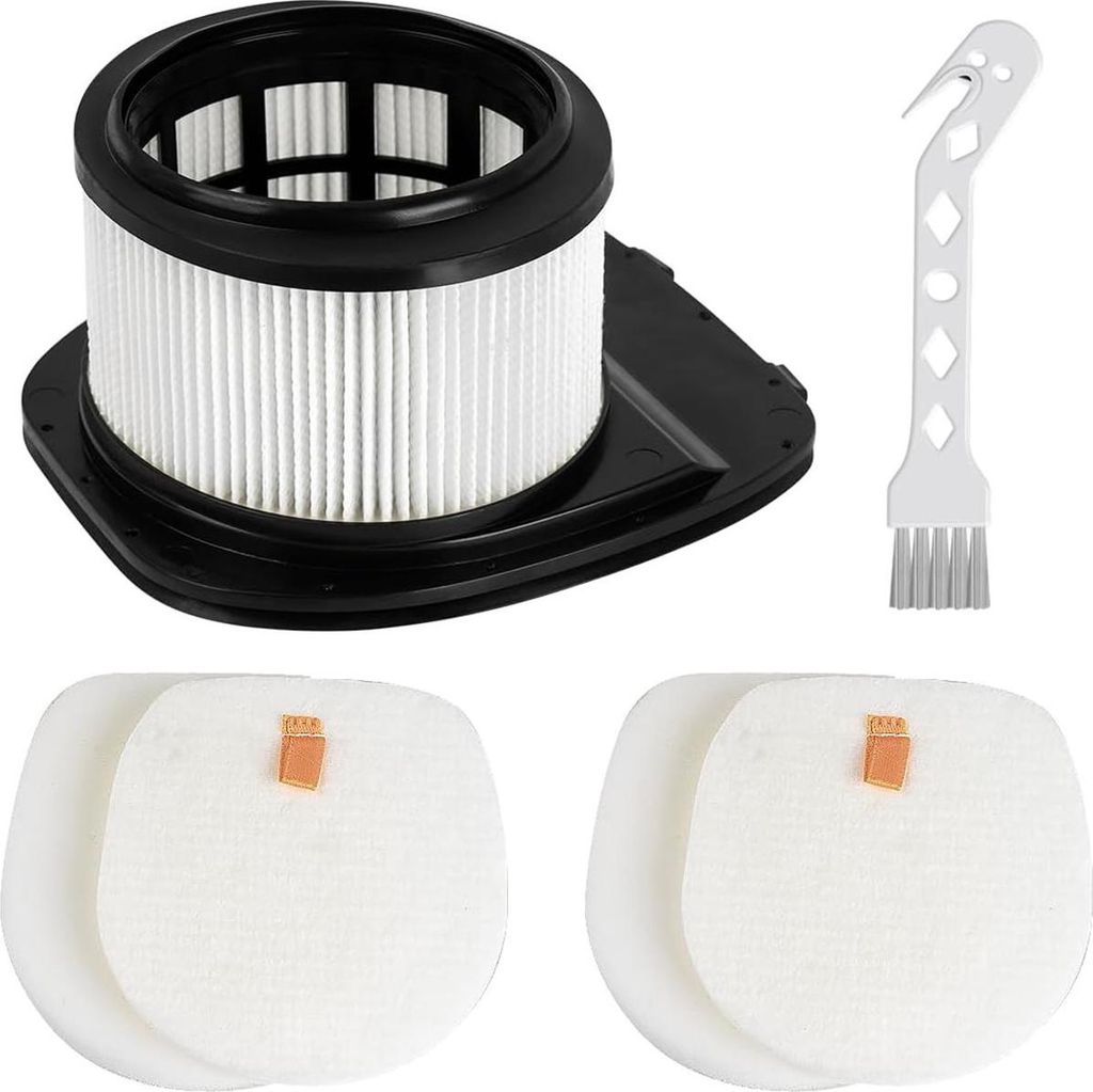A set of vacuum cleaner filters and a cleaning brush are arranged on a white background.