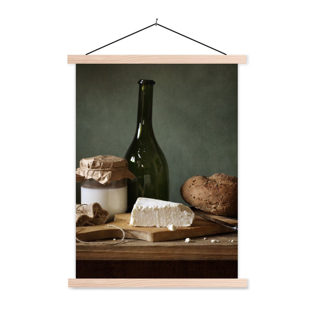 MuchoWow Textilposter Rustikal - Brie - Stillleben - Flasche - Brot 120x160 cm mit holzfarbenen Rahmen - Plakatkarton