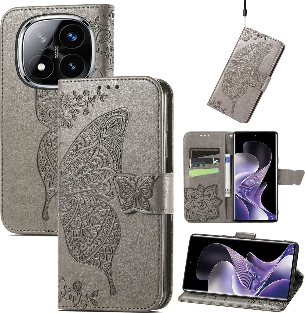 Für Xiaomi Redmi Note 14 Pro Plus 5G Kunstleder Wallet Handy Tasche Schmetterling Design Hülle Etuis Grau