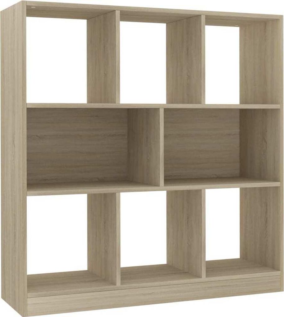 A light brown, wooden bookcase with six square compartments arranged in a 2x3 grid.