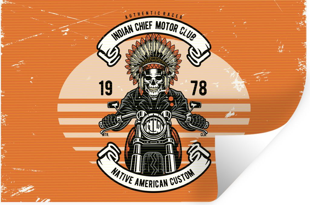 MuchoWow Wandtattoo Wandsticker Wandaufkleber Motorrad - Skelett - Indisch - Retro 60x40 cm Selbstklebend und Repositionierbar - Wierderverwendba...
