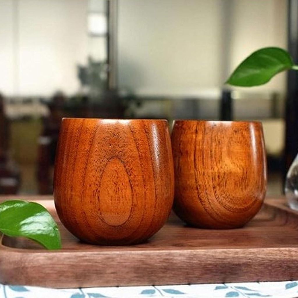 Allecto Plus - Hölzerne Theekopjes Massivholz Kaffeetasse Wasser Japanische Theekop Weinbecher für Tee Kaffee Wein Bier Heiße Getränke (2 Stück)