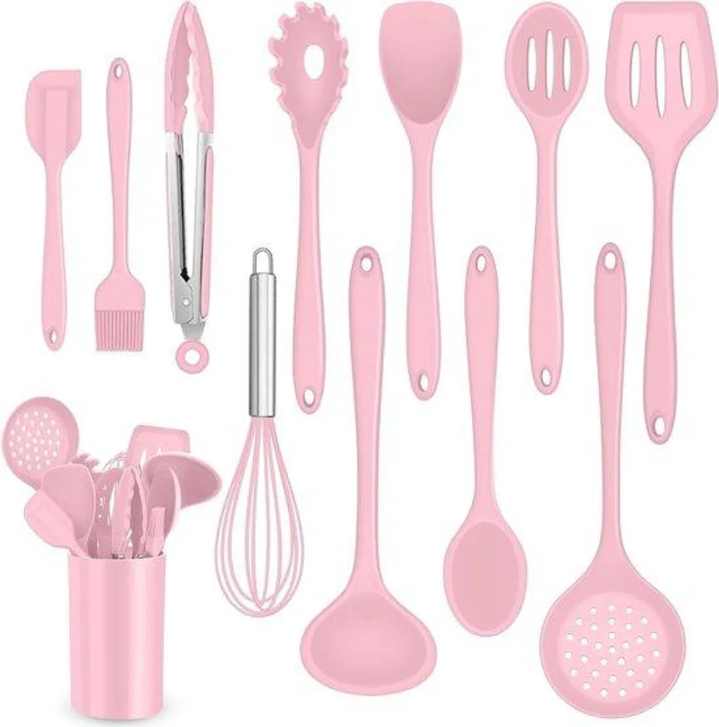 Ustensiles de cuisine silicone rose sans rayures 12 pièces avec rangement