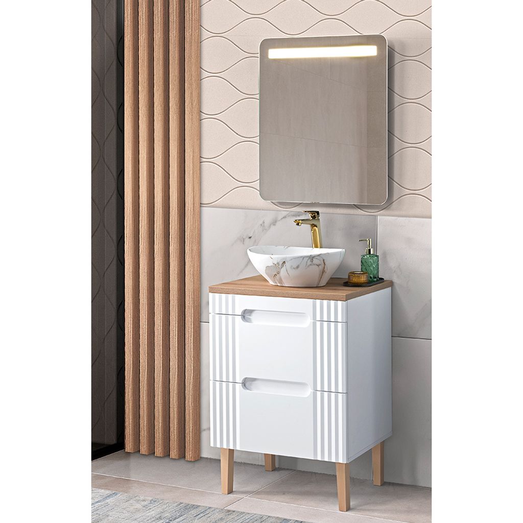 Badmöbelset weiß 60cm Waschtisch mit Waschbecken, LED-Spiegel, FAIRFIELD-56