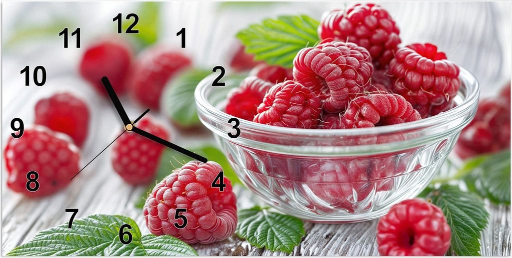 Wanduhr aus Glas mit Motiv Frische Himbeeren- 60 x 30 cm - inkl. Aufhängesystem