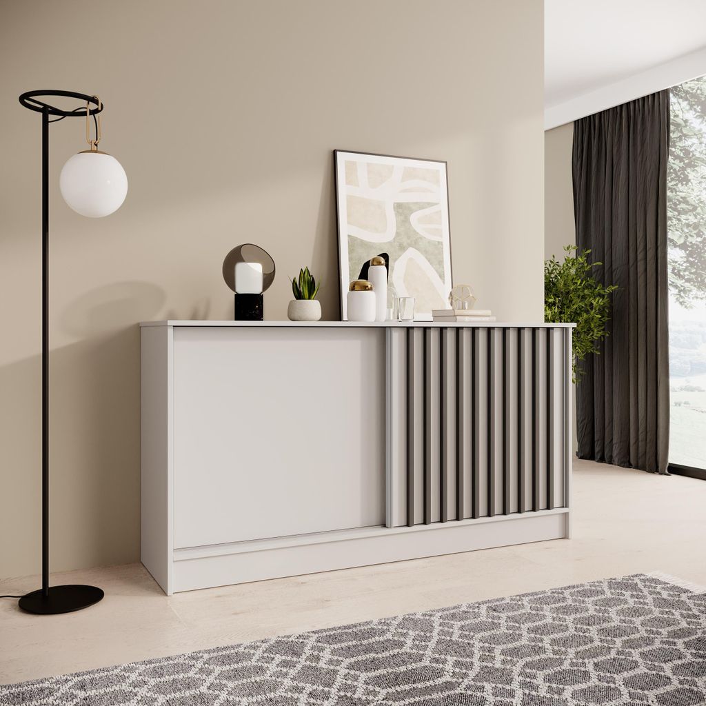 BEAUTYSOFA | Kommode HORIZON 160 cm Weiß, Schwarz mit Lamellen Sideboard mit 2 Schiebetüren, Modernes Design, viel Stauraum