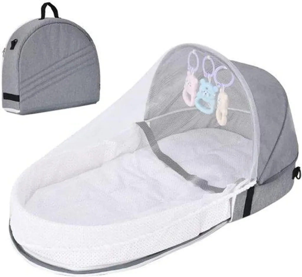 Lit de voyage nouveau-né gris pliable et anti-pincement sécurisé